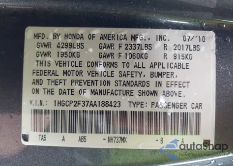 2010 Honda Accord 2.4 Lx из США, поврежденный, VIN 1HGCP2F37AA188423